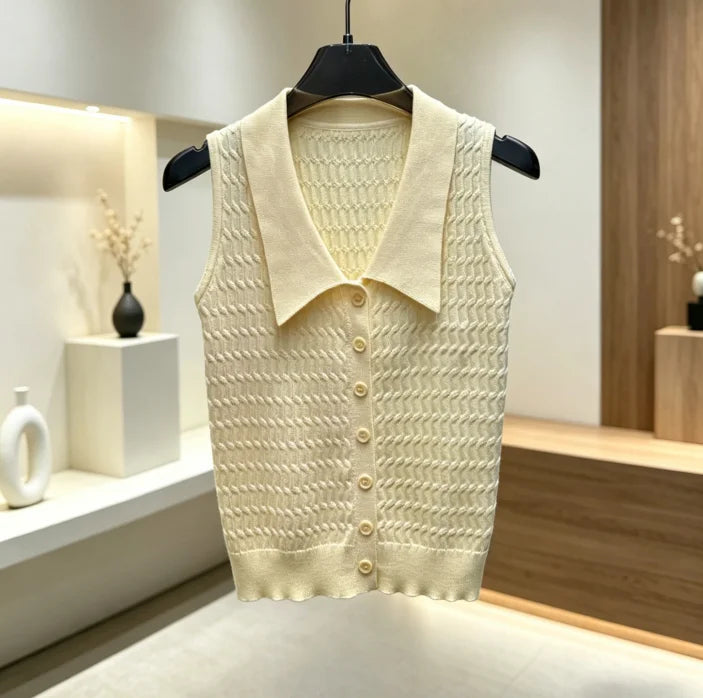 2026 Summer New Women's Collared Knit Vest Textured Sleeveless Cardigan for Layering ZX18558