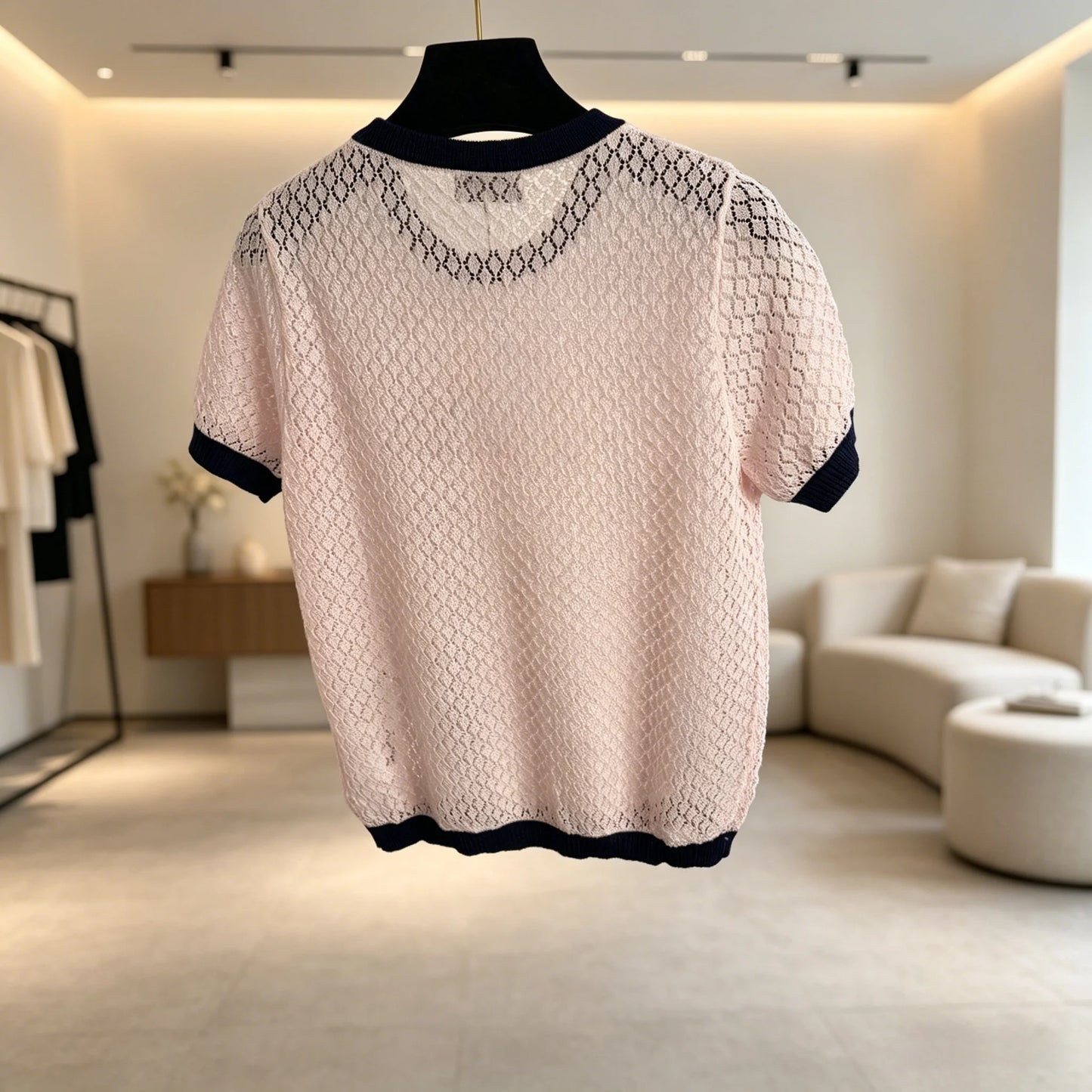 2026 Summer Women's Breathable Crochet Knit Top Contrast Trim Short Sleeve Tee ZX18557