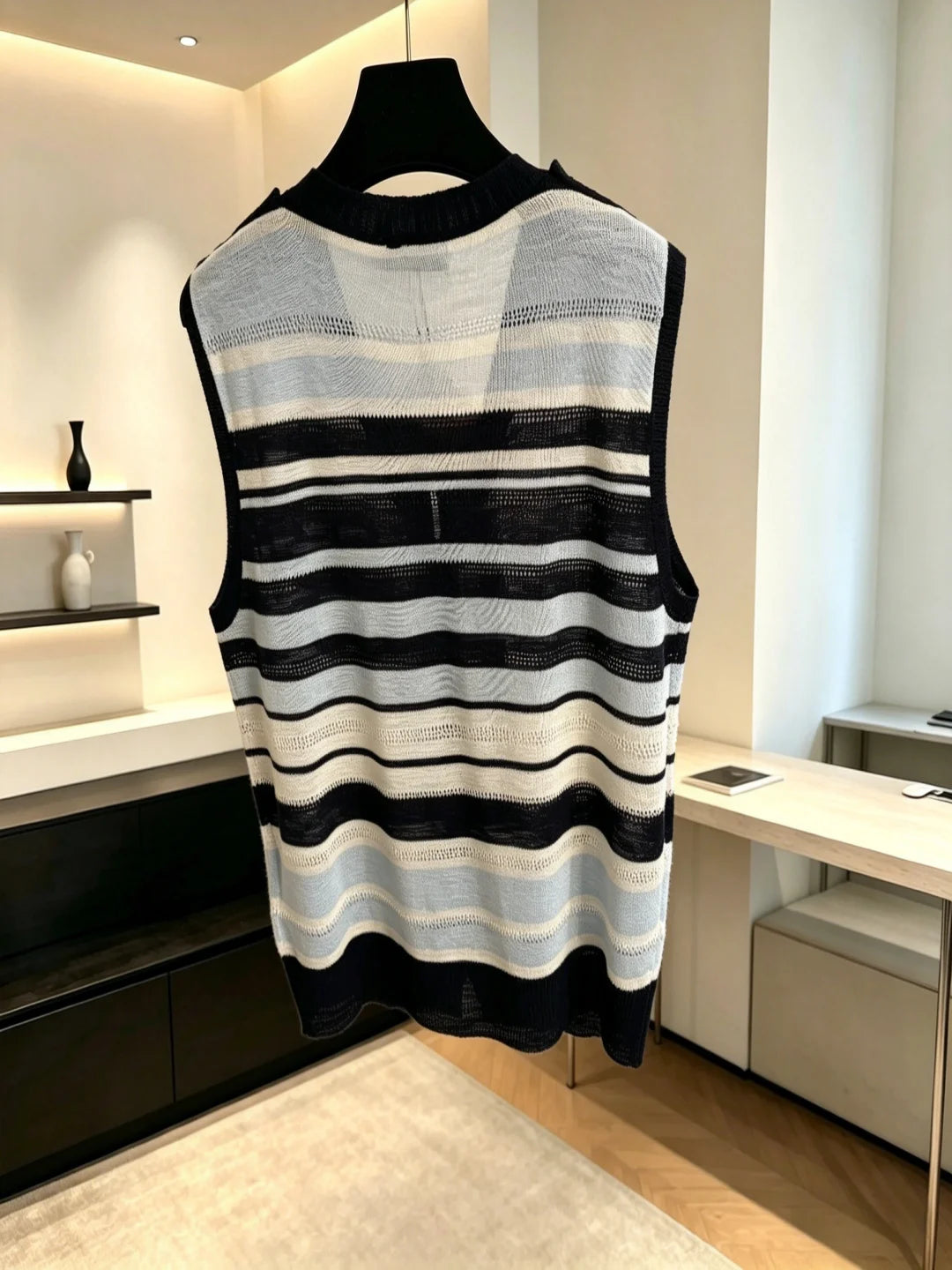 2026 Summer Women's Striped Openwork Knit Vest with Back Slit Sleeveless Layering Tank Top ZX060