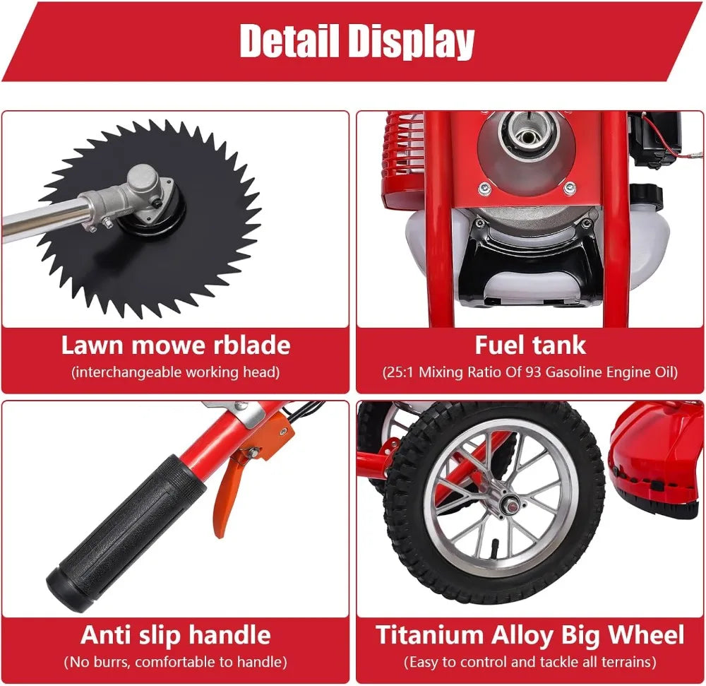 49CC Gas Walk Behind Brush Cutter 2-Stroke Push Mower with Air-Cooled Engine 7000r/min High Speed Weeding Machine