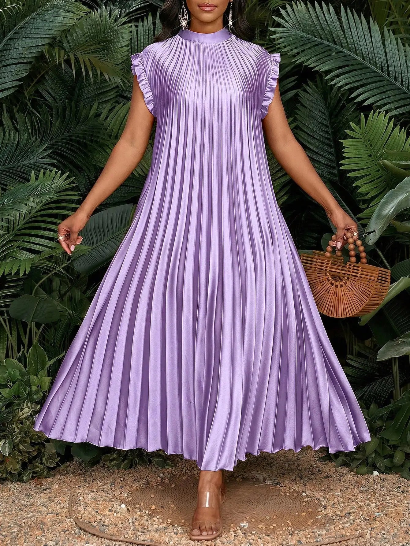Pleated A-Line Maxi Dress With Stand Collar And Ruffle Cap Sleeves For Party Wedding Beach Event