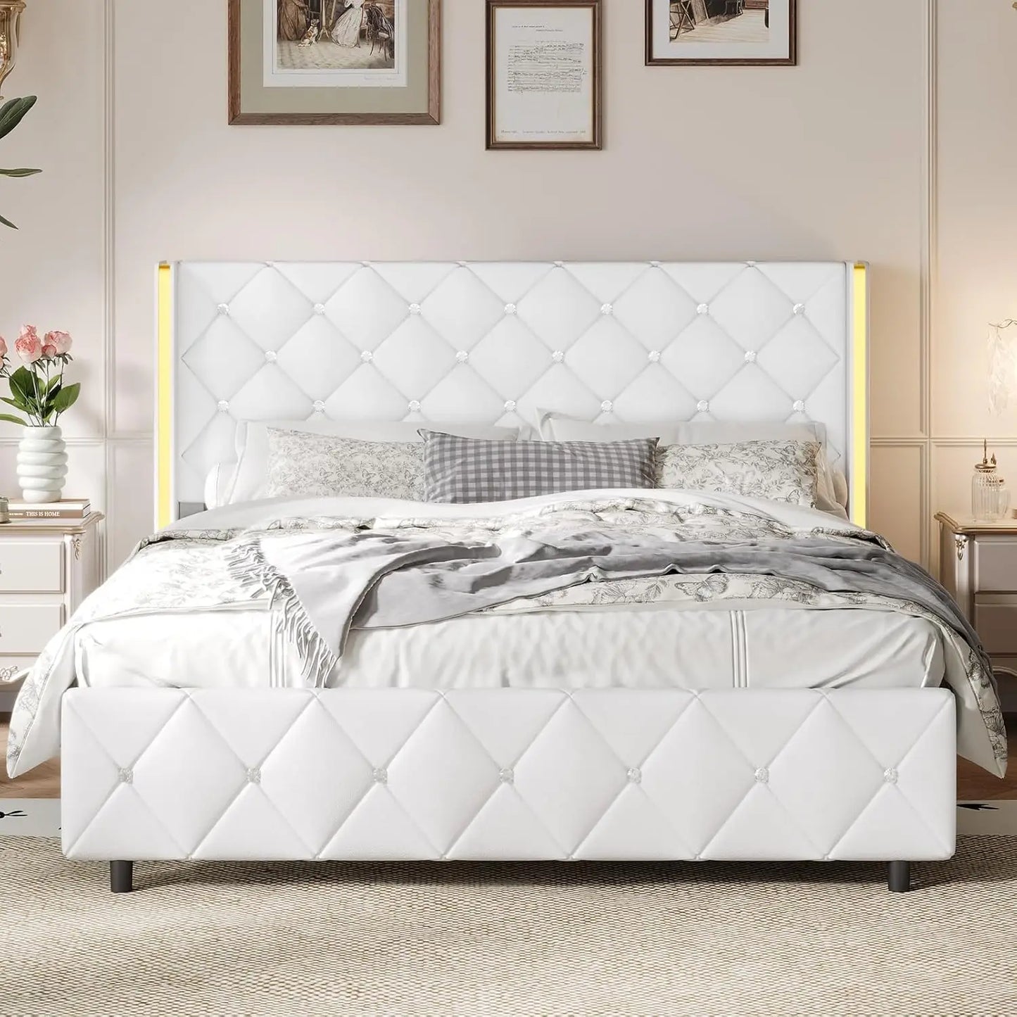 Queen Bed Frame with Headboard, Upholstered Queen Size Bed Frame with Diamond Tufted Wingback Headboard, Faux, Customized