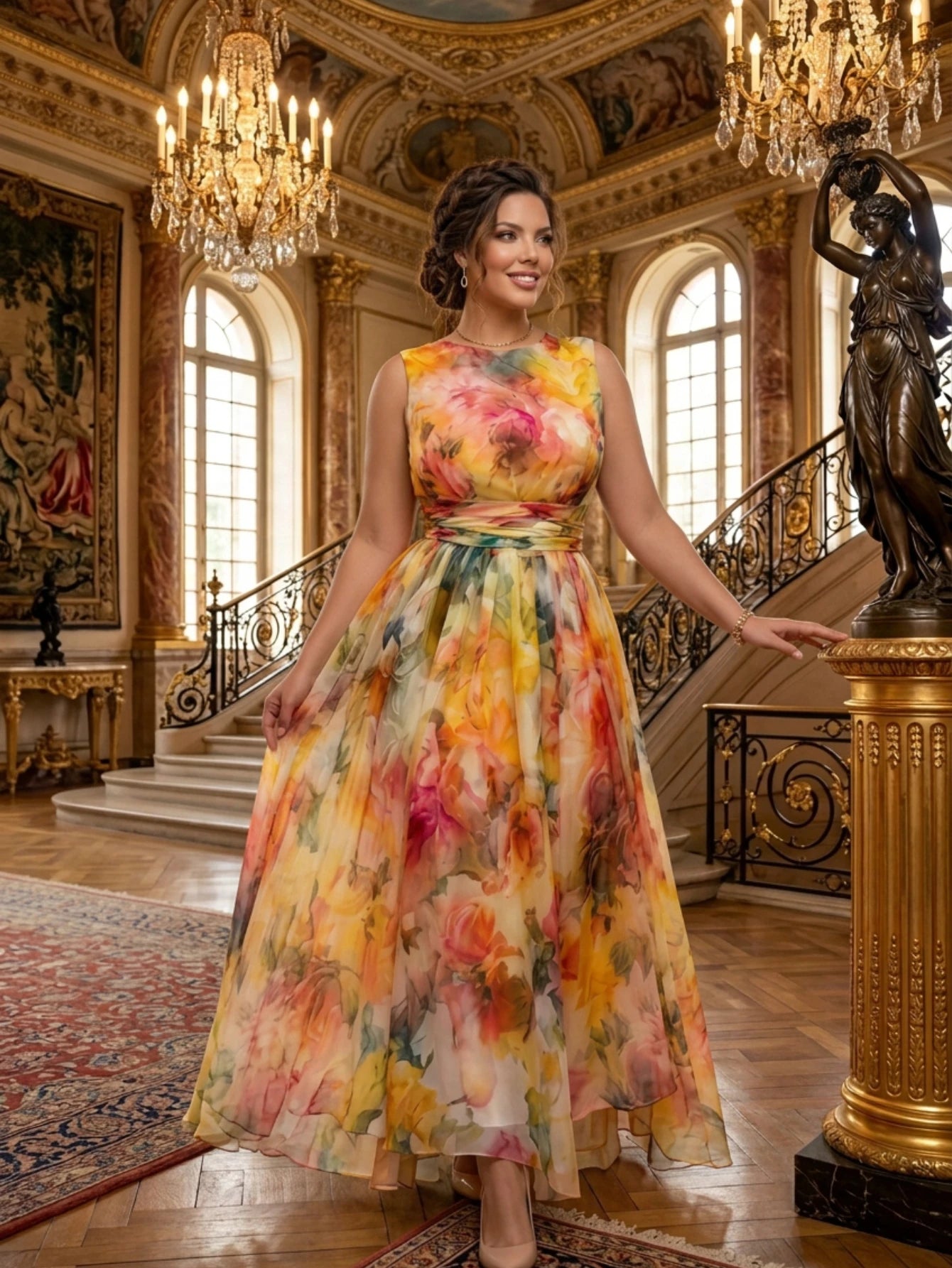 Women's Round Neck Sleeveless All Over Floral Print Flowy Maxi Dress For Dinner Wedding Guest Garden Party Fashion Occasions