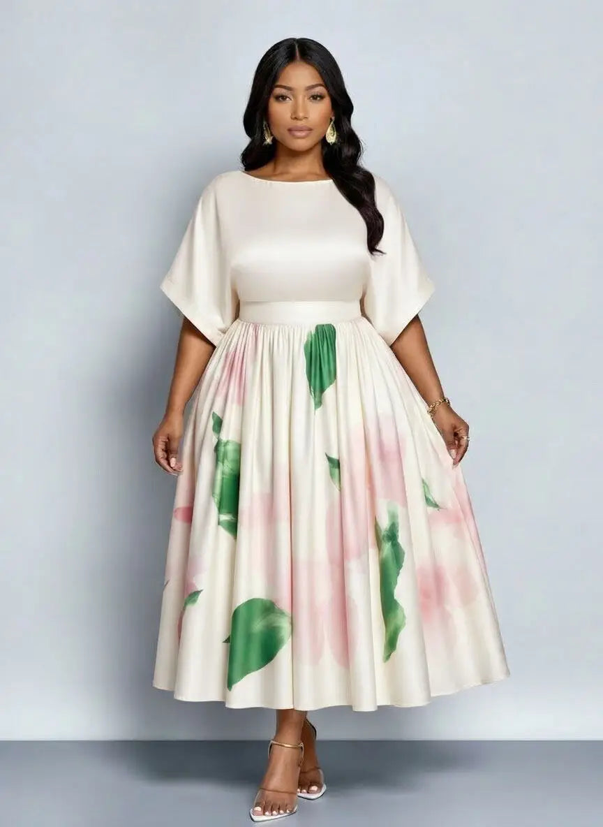 Plus Size Round Neck Batwing Sleeve Printed Midi Swing Dress For Women Wedding Guest Brunch Daily Elegant Party Occasions