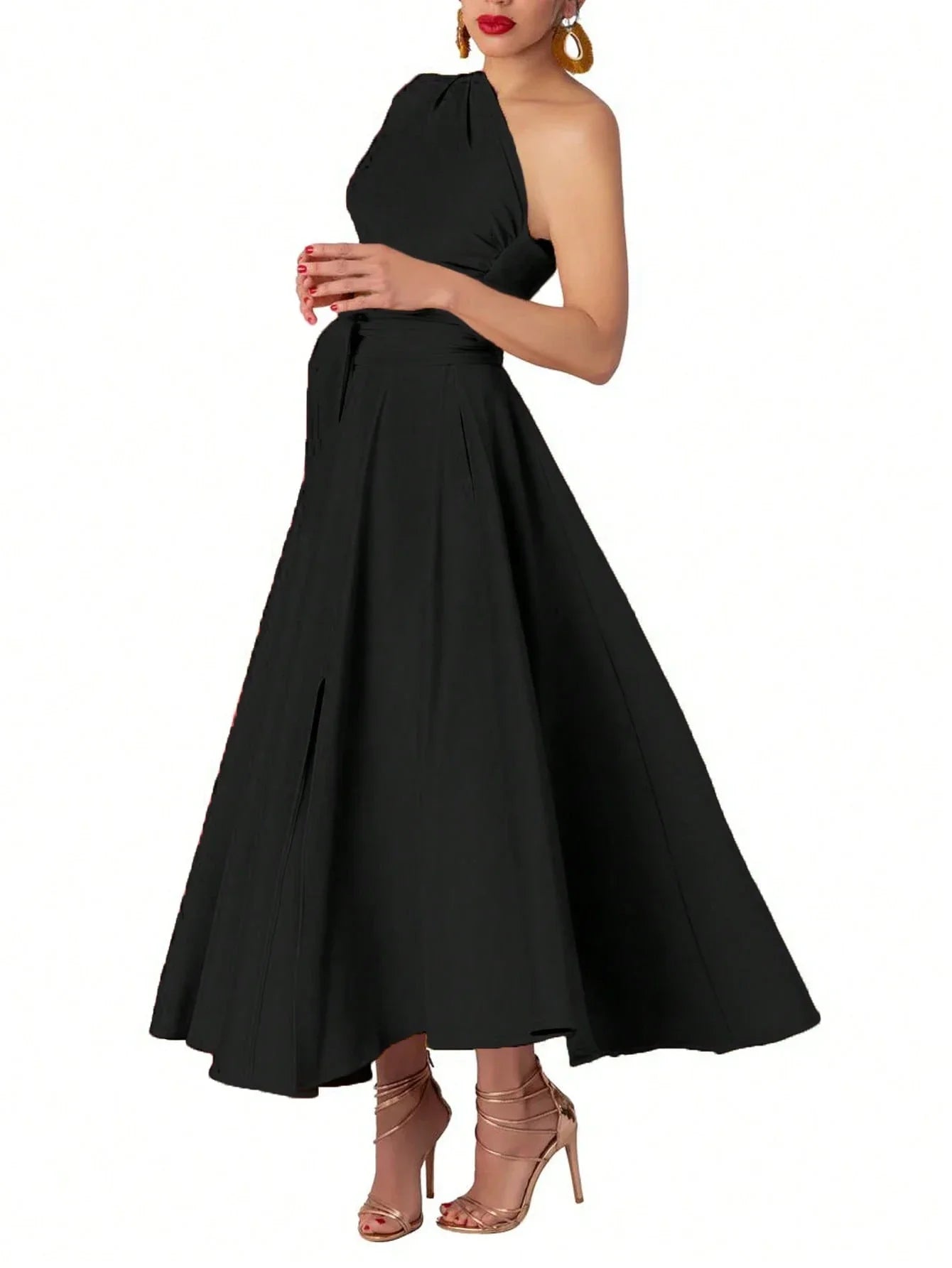 One Shoulder Black Solid A-Line Maxi Dress With Sash Belt