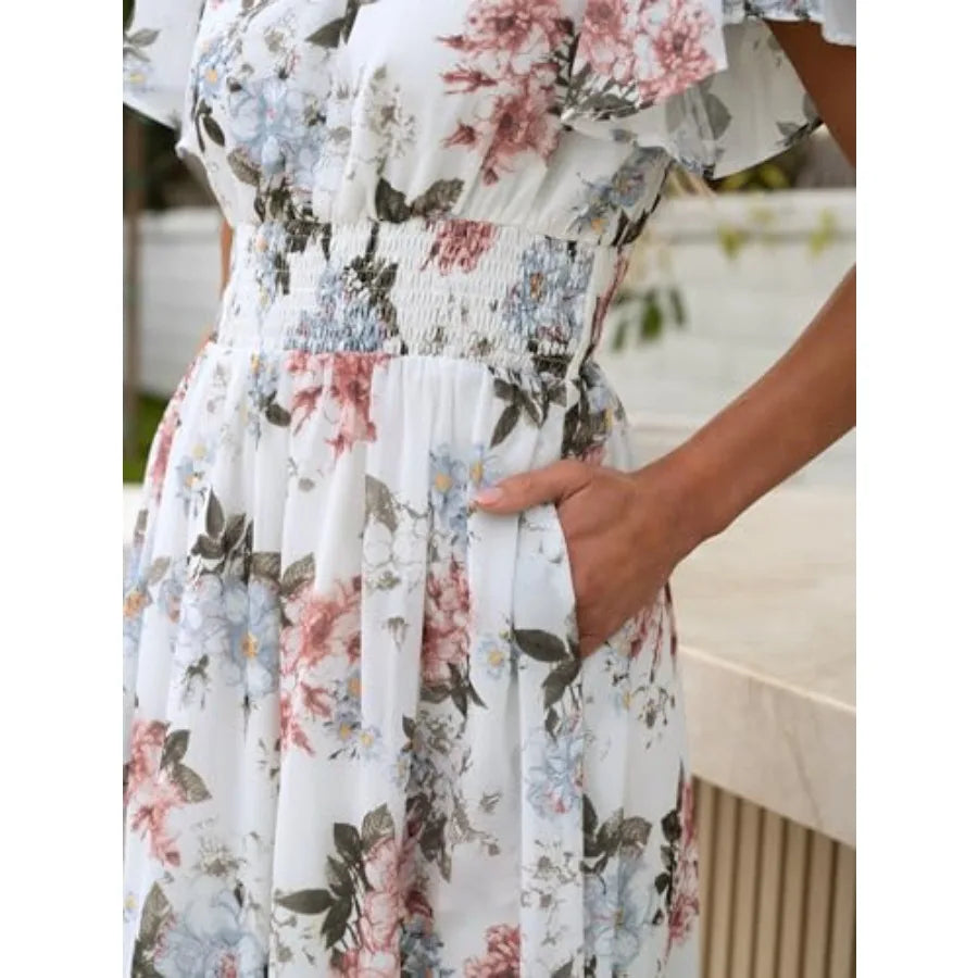 ANRABESS Womens Summer Floral Maxi Dress Casual V Neck Short Sleeve Chiffon Boho Flowy Beach 2026 Wedding Guest Long Dresses