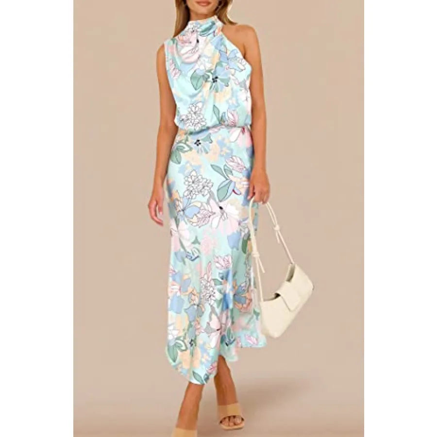 PRETTYGARDEN Women's 2026 Summer Satin Dress Elegant Sleeveless Mock Neck Cocktail Party Maxi Dresses