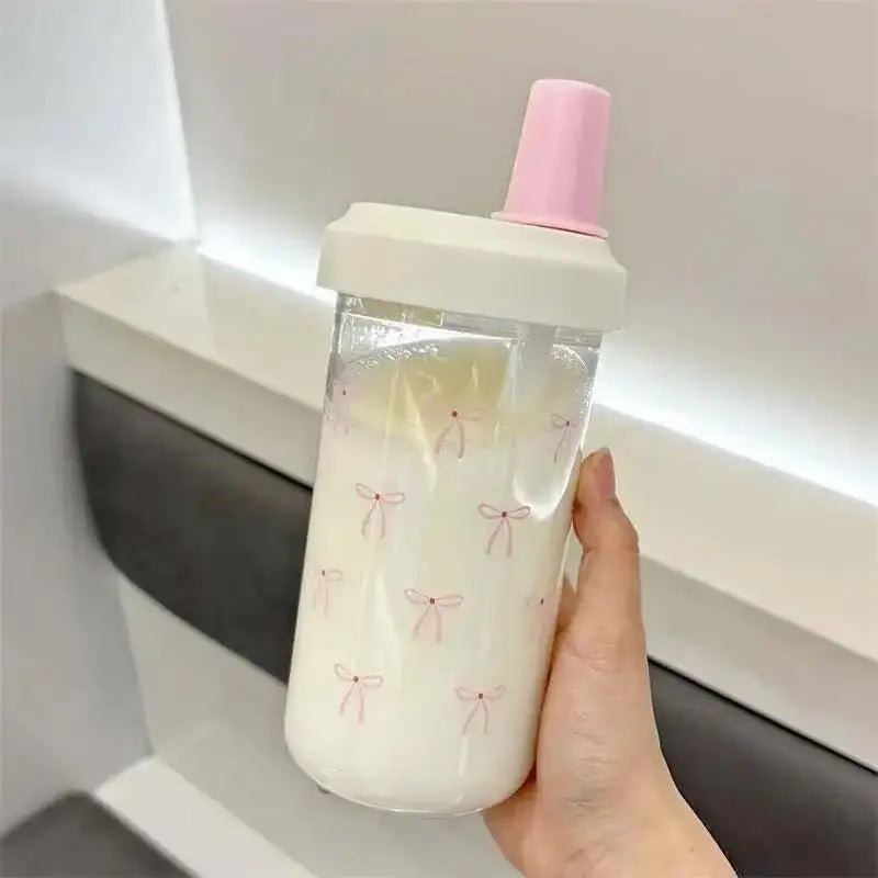 Portable Plastic Water Cup With Straw Bowknot Large Capacity