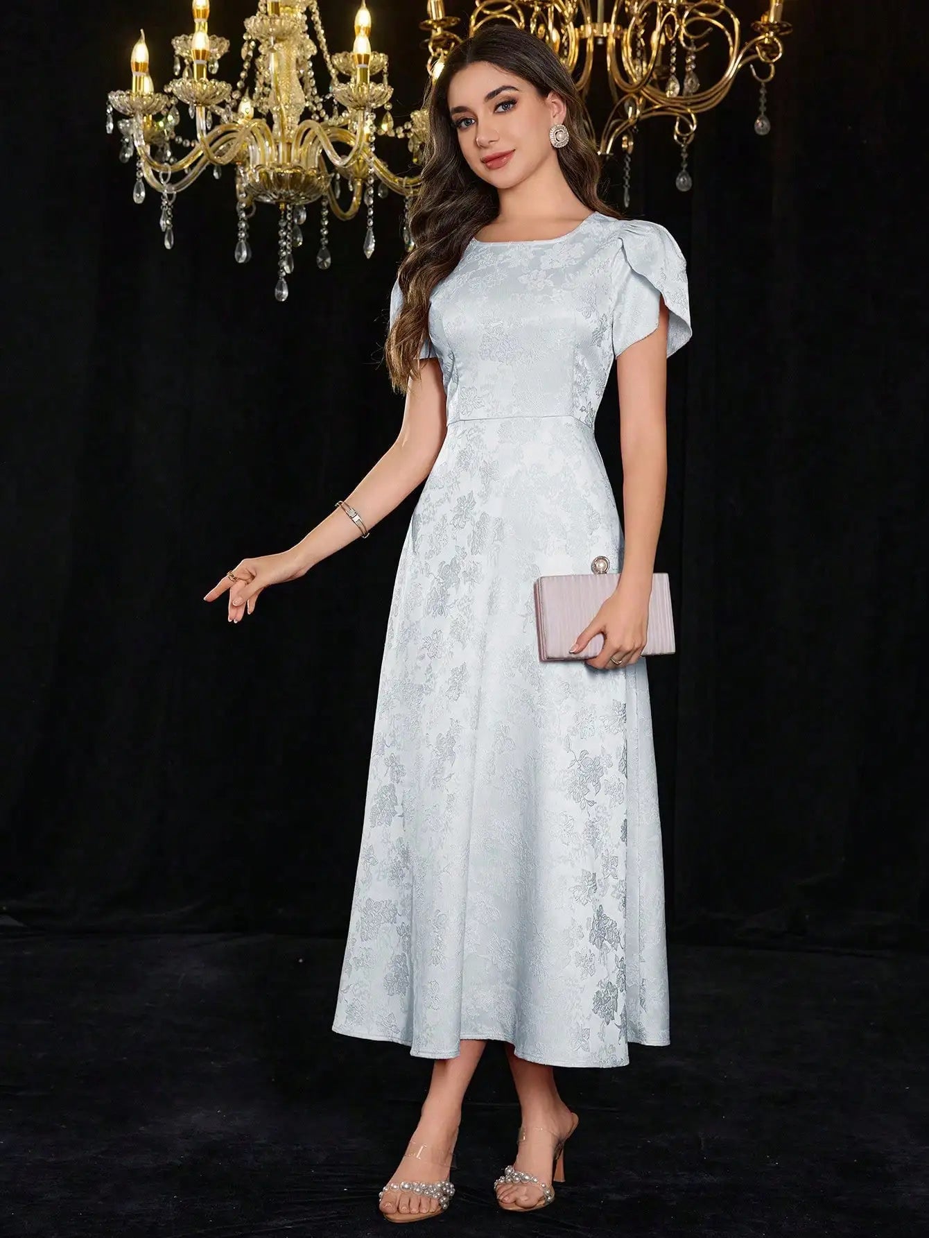Elegant Round Neck Puff Sleeve Jacquard Floral Dress