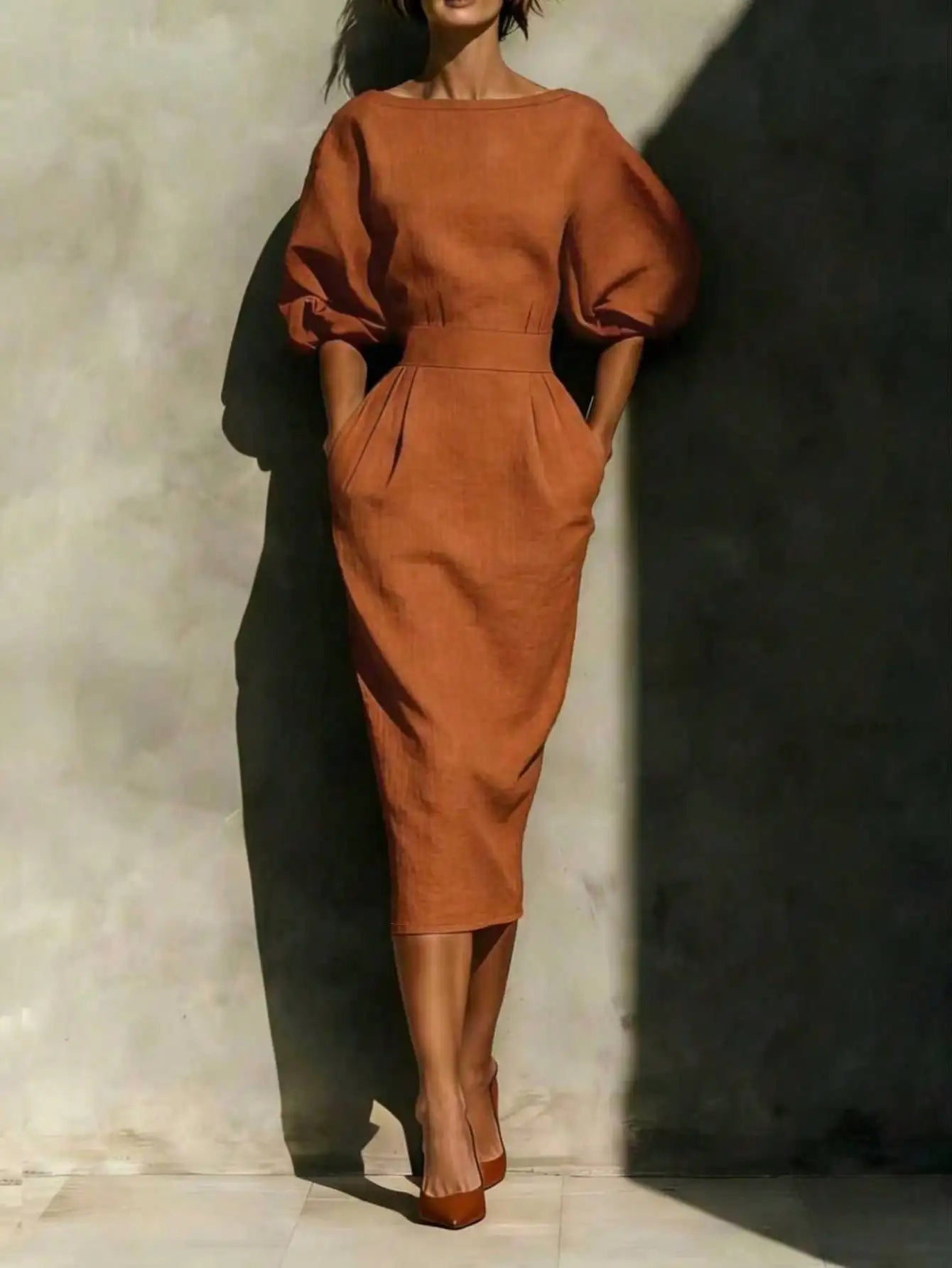Elegant Wine Red Round Neck Midi Dress With Pockets And Back Slit