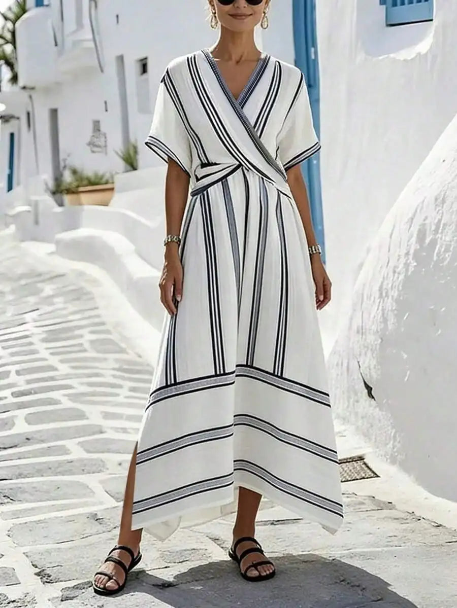 V-Neck Striped Wrap Dress Short Sleeve A-Line Midi Casual Summer Dress