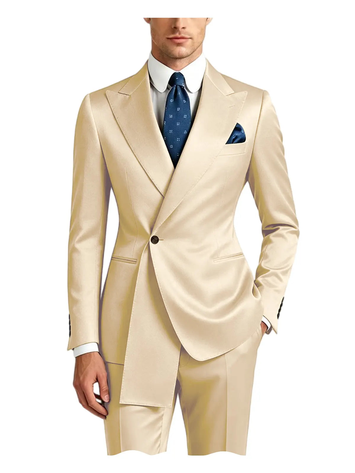 Men's Satin Peak Lapel Tuxedo 2-Piece Suit High Quality Slim Fit One Button Formal Blazer & Pants Luxury Wedding Dinner Suits
