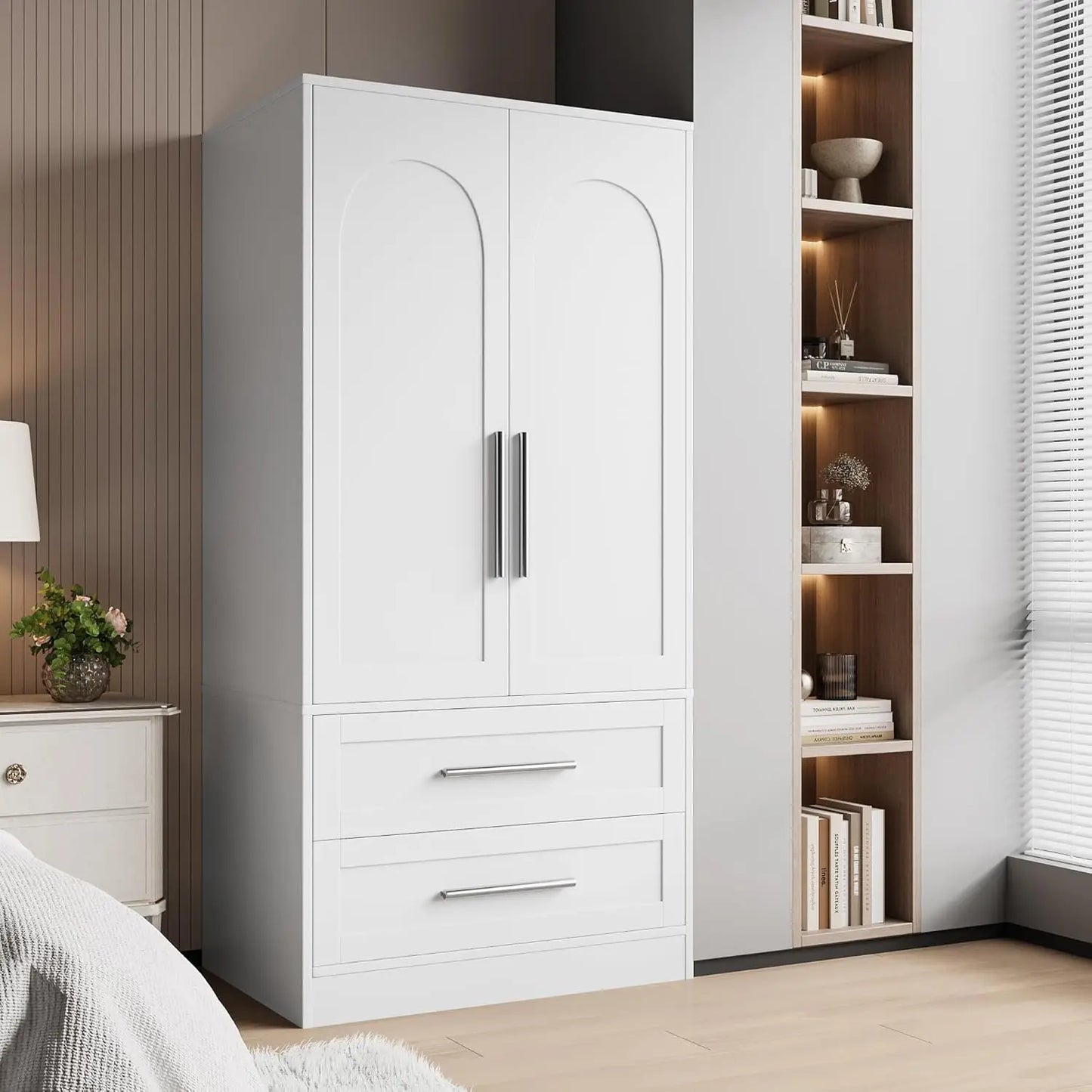 Wooden Armoire Wardrobe Closet with 2 Drawers, Clothing Storage Cabinet with Shelves Aluminum Hanging Rod, Wardrobe, Customized