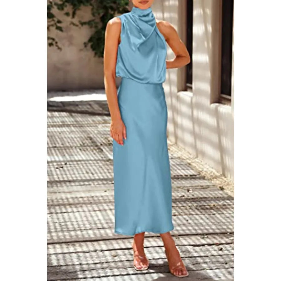 PRETTYGARDEN Women's 2026 Summer Satin Dress Elegant Sleeveless Mock Neck Cocktail Party Maxi Dresses