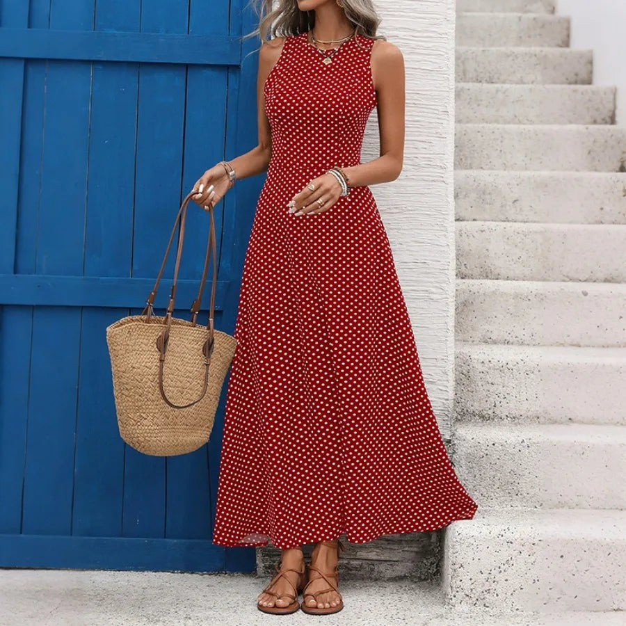 European and American 2026 new style retro vacation style mid-length dress sleeveless waist lace back-off polka dot dress