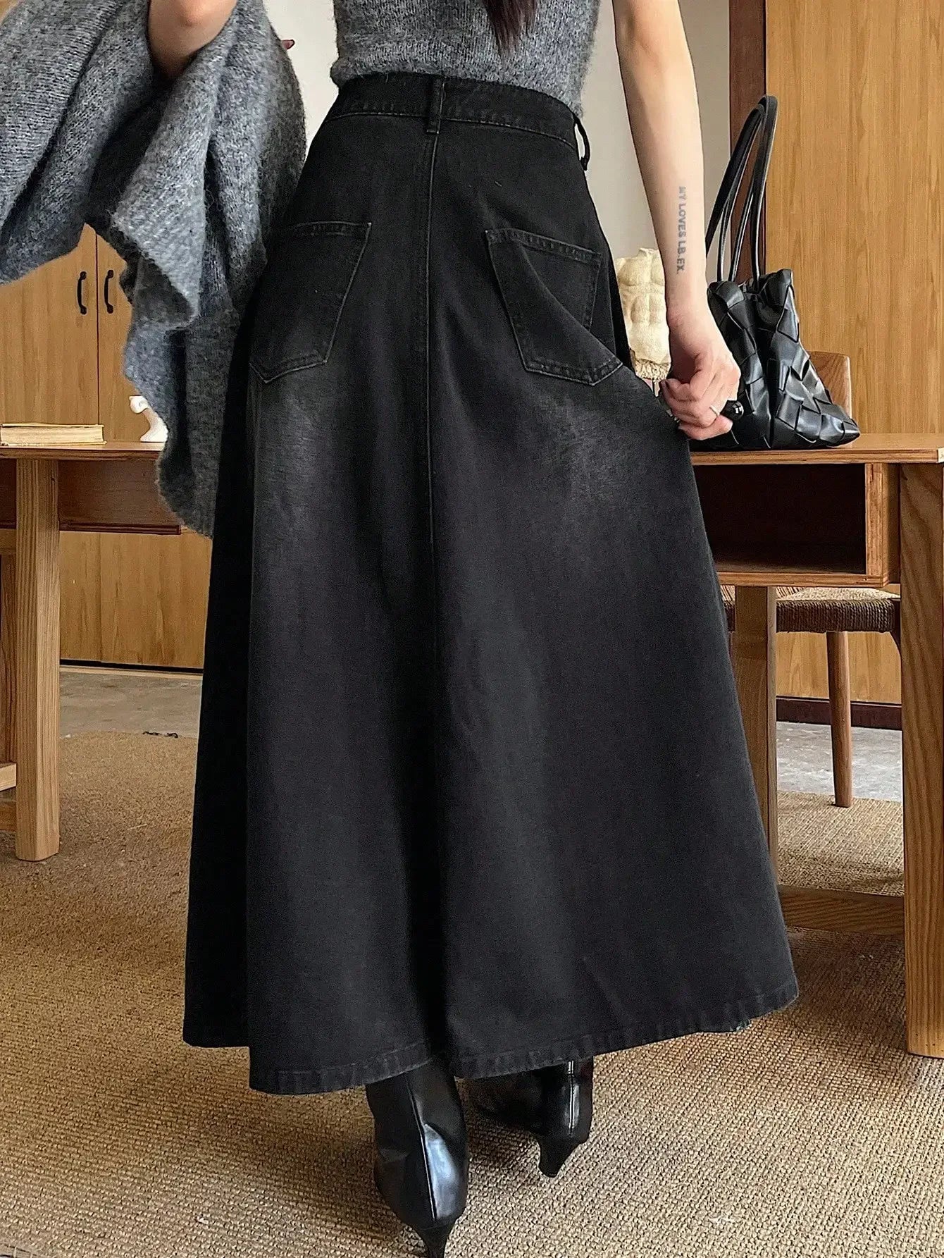 Women's A-Line Denim Skirt, Loose Fit, High Waist, Full Length