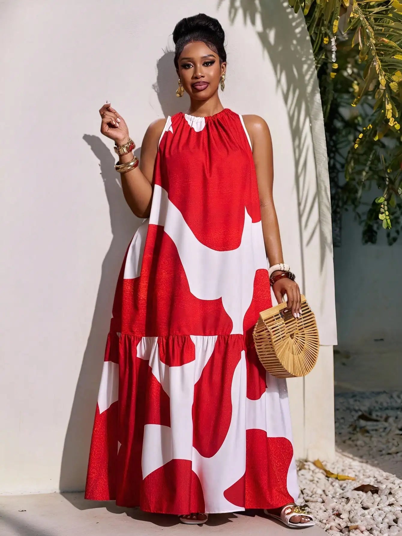 Plus Size Sleeveless Tiered Maxi Dress With Red White Abstract Print A-Line Cut