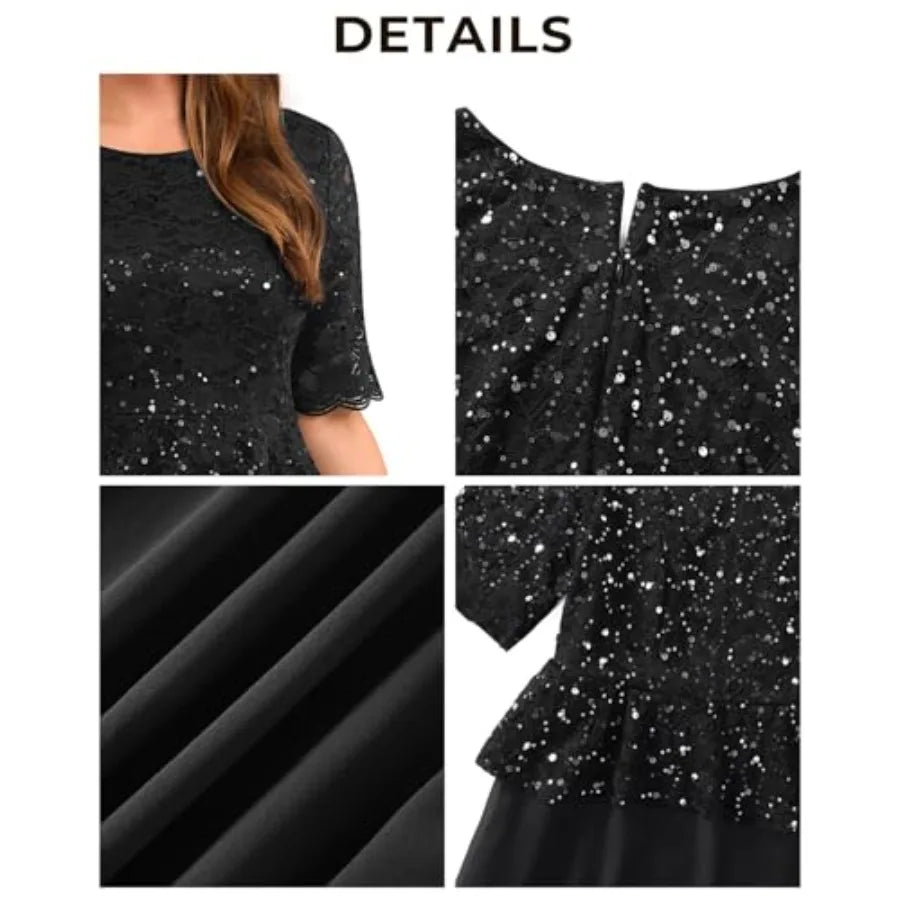Plus Size Formal Dresses - Mother of The Bride Evening Gowns Wedding Guest Sequin Lace Bodice Long Dress Women