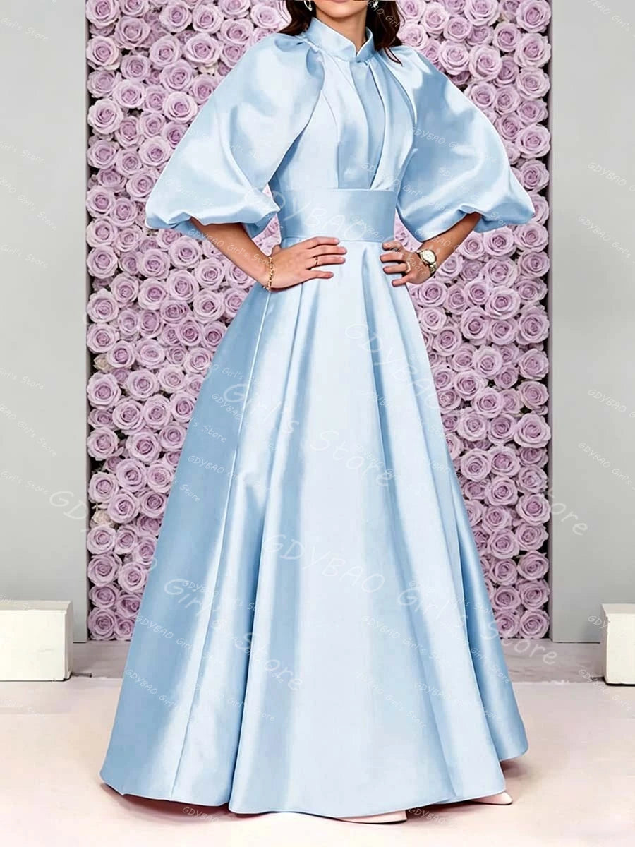 Customized Satin Pleated Bridesmaid Dress for Wedding Women‘s Vintage High Neck Balloon Sleeve Communion Party Evening Dress