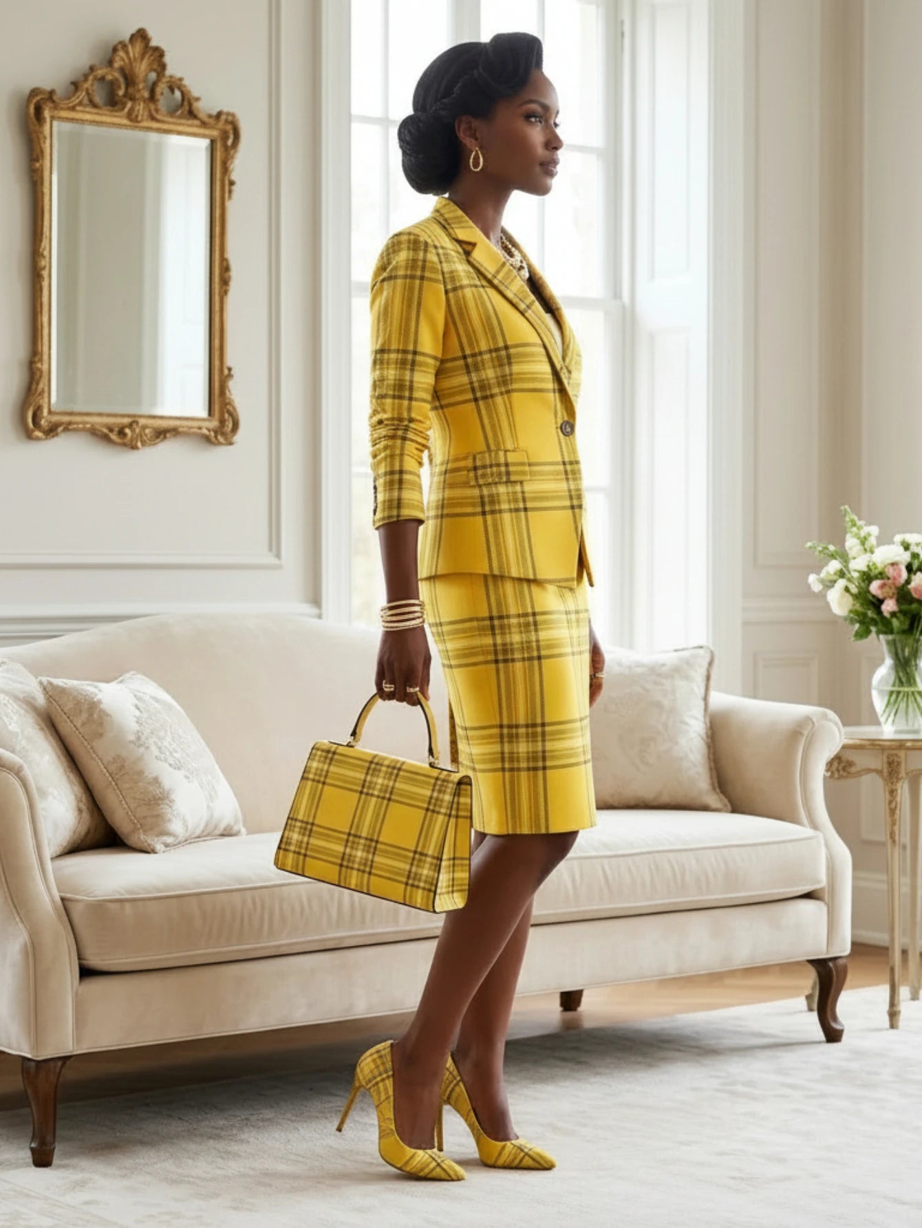 Women's Lapel Single Button Three Quarter Plaid Blazer Matching Pencil Midi Skirt For Office Business Daily Working Formal Fashion Occasions