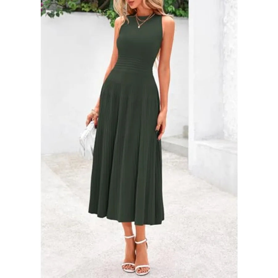 PRETTYGARDEN Spring Casual Dresses for Women 2026 Summer Business Work Midi Sleeveless A Line Pleated Cocktail Dress