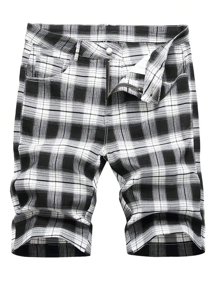 Men Plaid Print Denim Shorts Without Belt