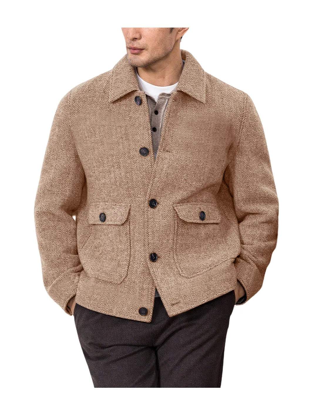 Men Vintage Herringbone Short Lapel Button Jacket Casual Outerwear For Daily Commute Weekend Dating Coffee Street Trip Gathering