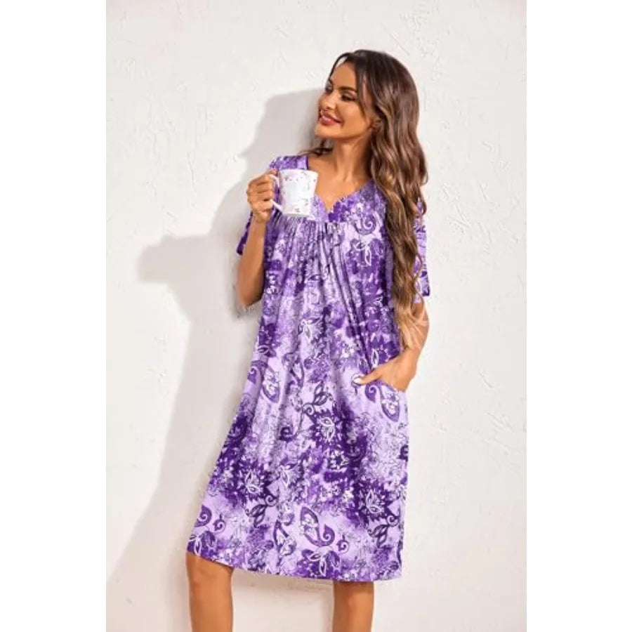 Ekouaer 2 Pack House Dresses for Women with Pockets Short Sleeve Moo Moos Floral Print Mumu Dresses