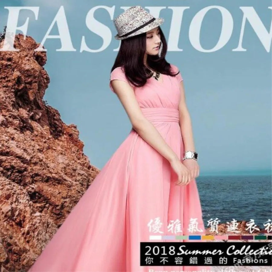 【New style】- access Europe and America V-neck short-sleeved Bohemian chiffon waist dress