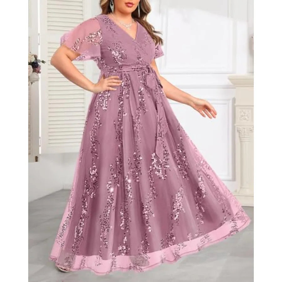 Pinup Fashion Plus Size Formal Dresses - Wedding Guest Evening Gowns Sequin Embroidery V-Neck Maxi Dress