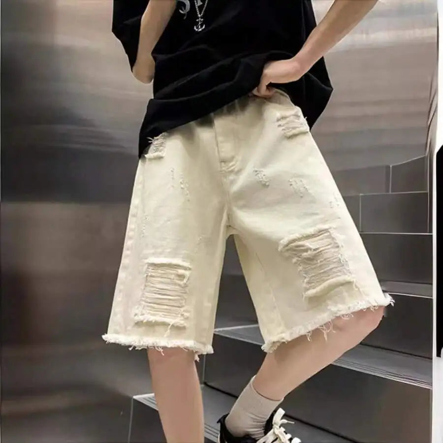 Vintage Distressed Washed Denim Shorts Men Loose Straight Casual Summer
