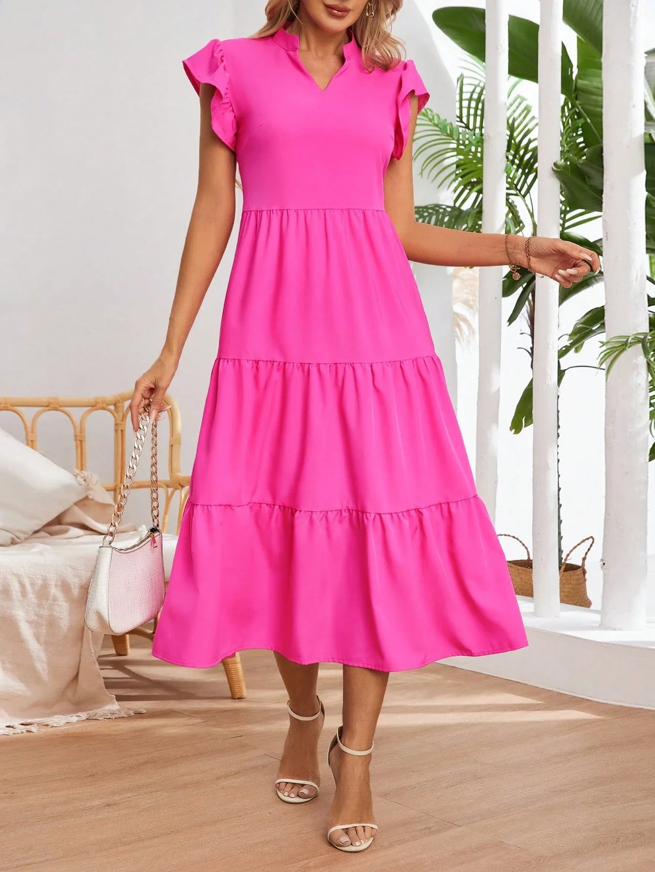 Pink Tiered Ruffle Sleeve Midi Dress Casual Elegant Summer