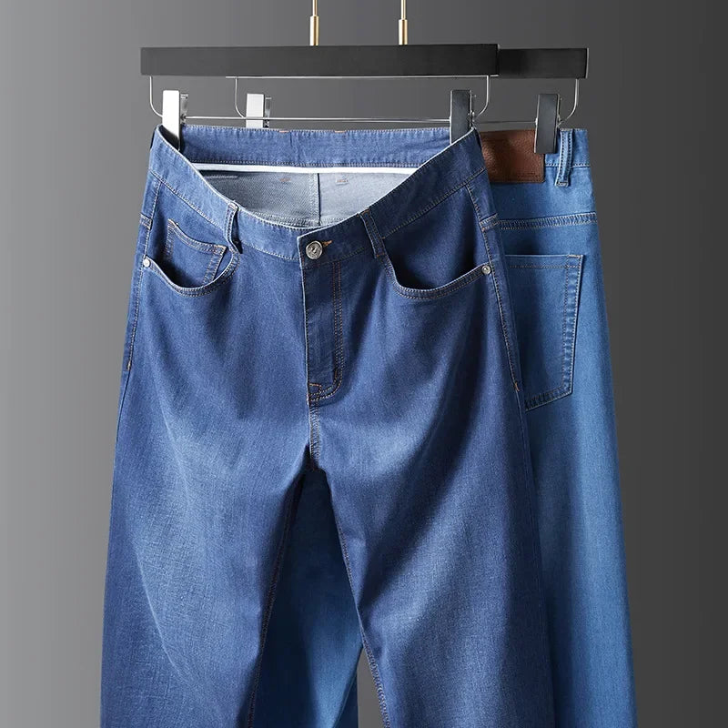 BROWON Brand Silk Men Jeans 2026 Summer Thin Straight Business Casual Pants Mid Waist Solid Color Fashion Jeans for Men Clothes