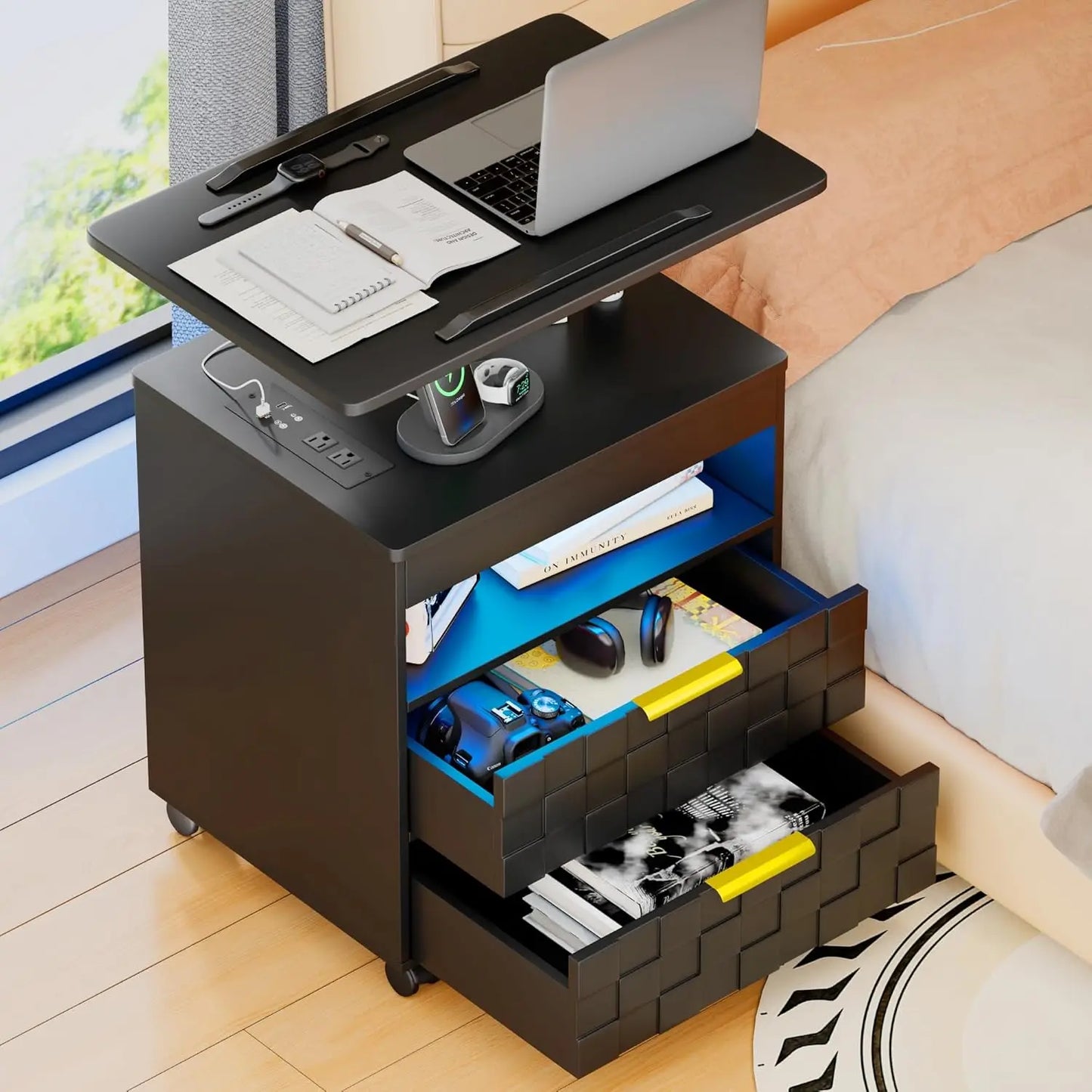 Nightstand with Charging Station, LED Bedside Table 2 Drawers, Smart Wooden End Table for Laptop Rolling Side Table, Customized