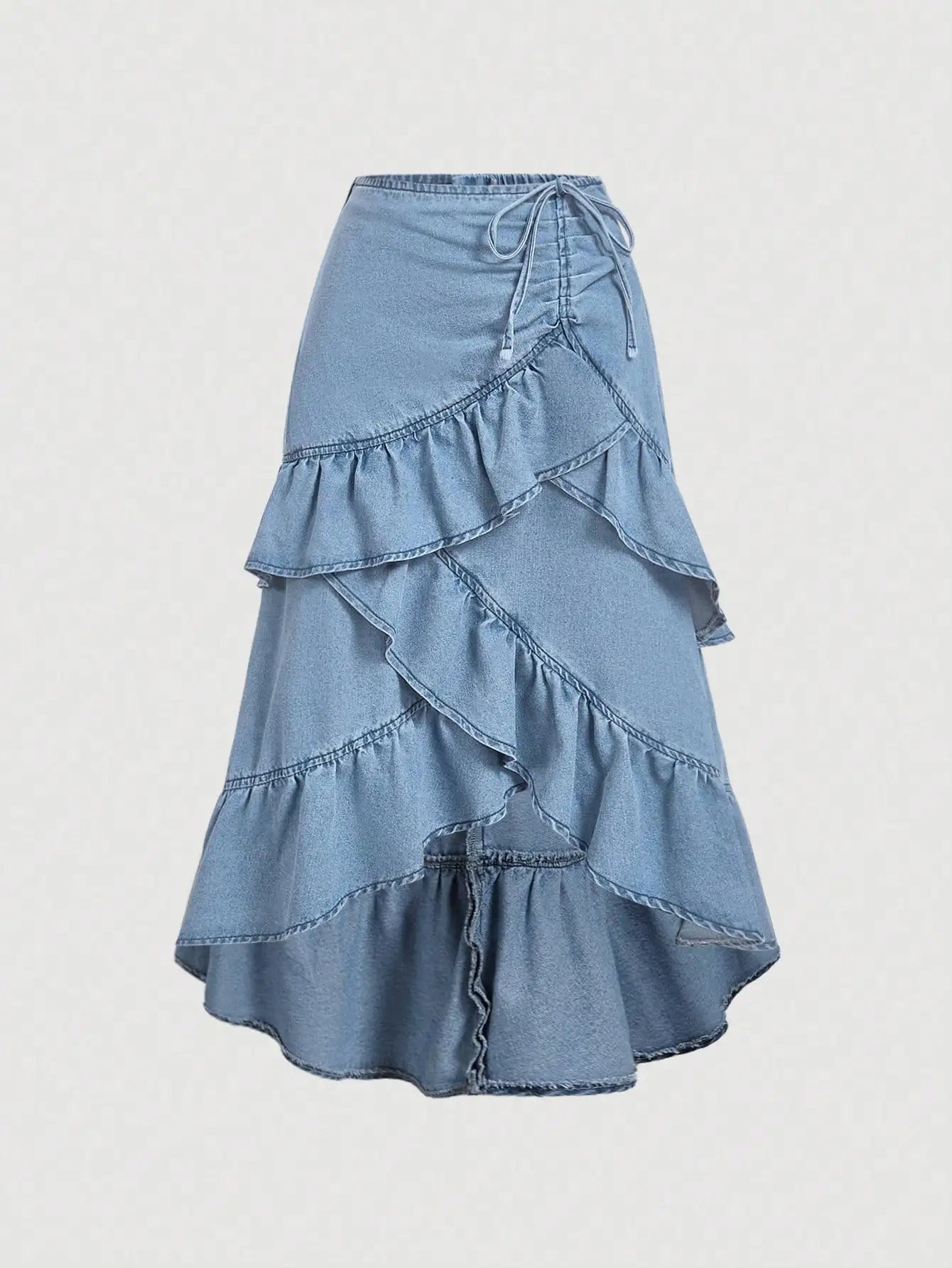 Women's Denim Skirt with Tiered Ruffles and Drawstring Waist