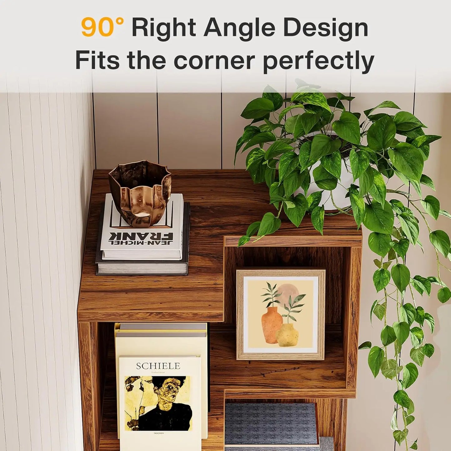 5-Tier Corner Bookshelf With 2 Drawers Mid-Century Modern Storage