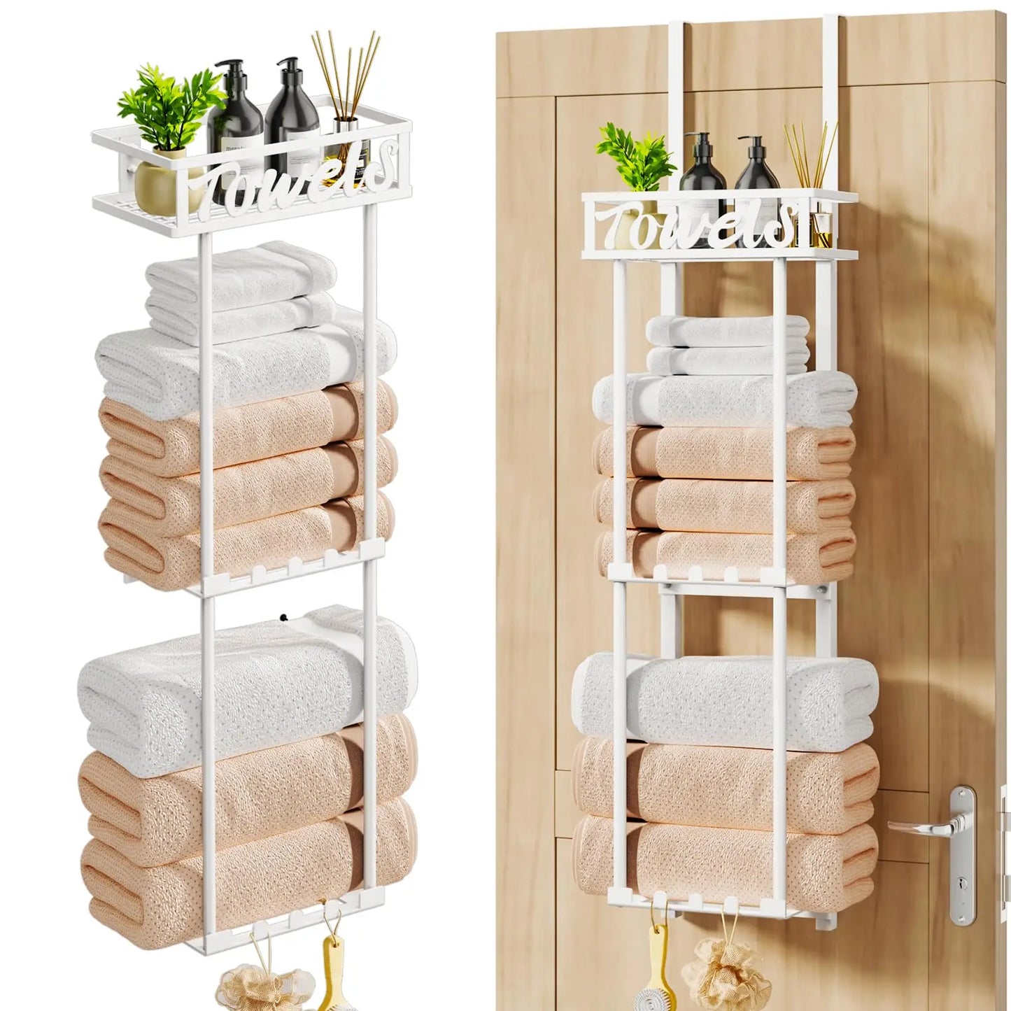 Towel Rack Bathroom Storage - 3 Tier Over The Door & Wall Mounted Rolled Towel Racks Holder Organizer With Metal Shelf An
