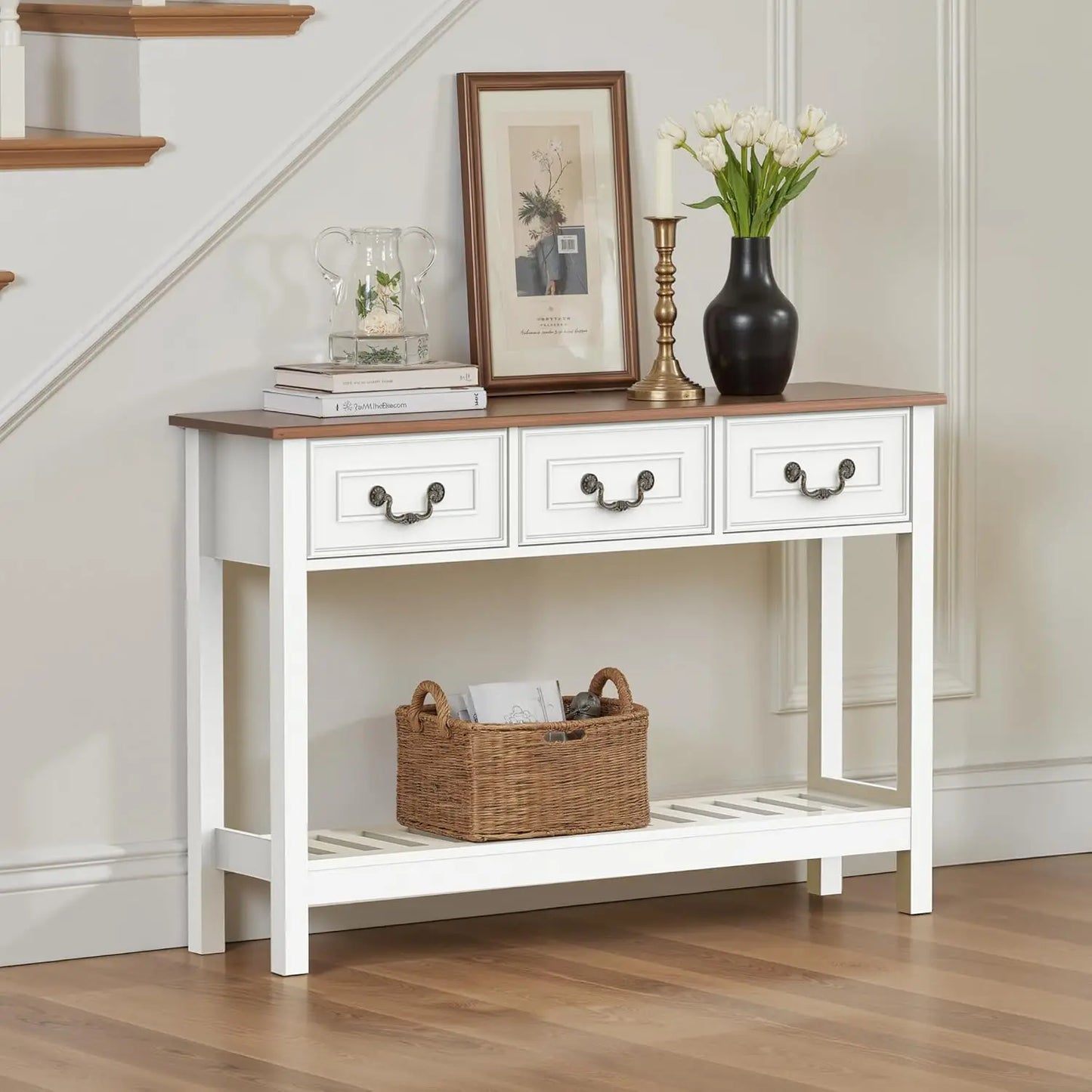 Farmhouse Sofa Table With Drawers For Entryway And Living Room