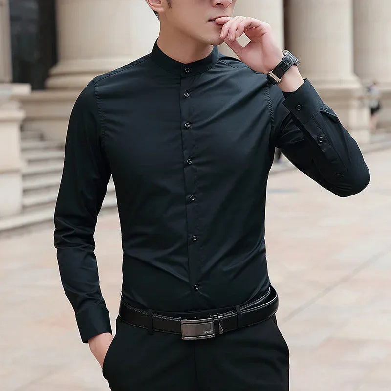Browon Mens Business Cotton Shirt With Stand Collar Slim Fit