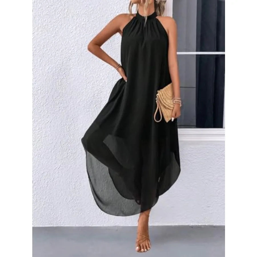 Verdusa Women's Wedding Guest Dress Halter Flowy Chiffon Asymmetrical Long Summer Prom Dress