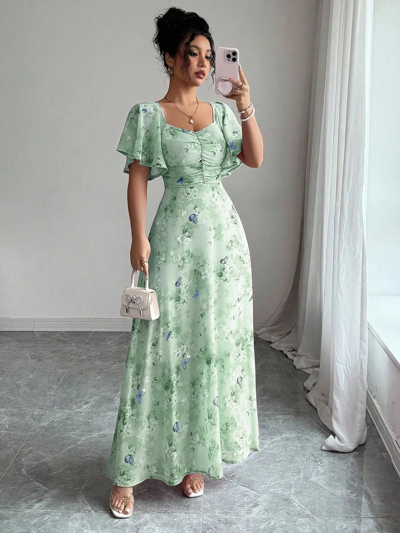 Women's Chiffon Butterfly Print Ruched Square Neck Batwing Sleeve Maxi Dress