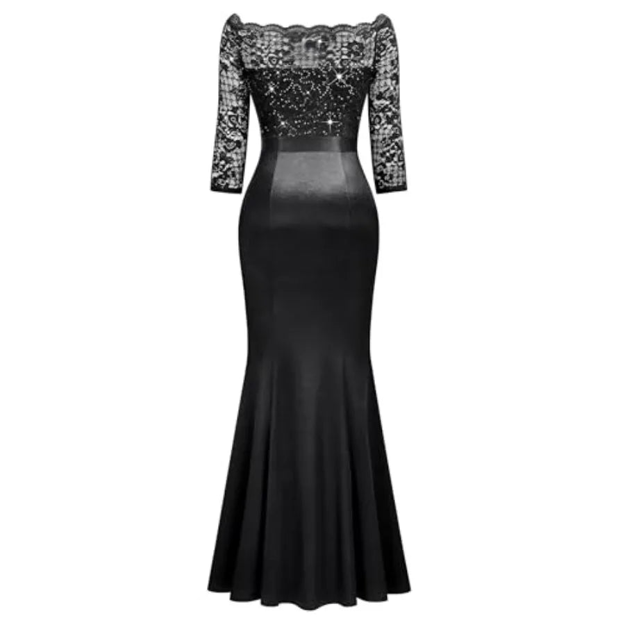 Women's Sexy Off Shoulder Floral Lace Formal Wedding Party Maxi Dress