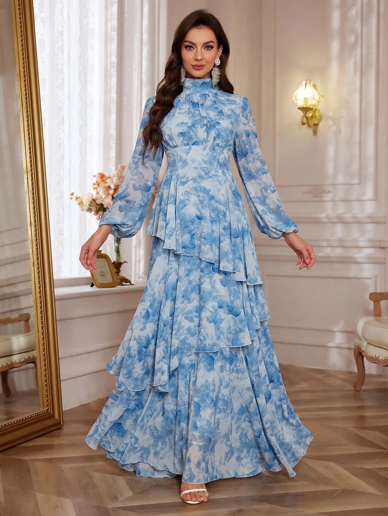 Women's Blue Floral Print Stand Collar Lantern Sleeve Ruffled Tiered Floor Length Elegant Dress
