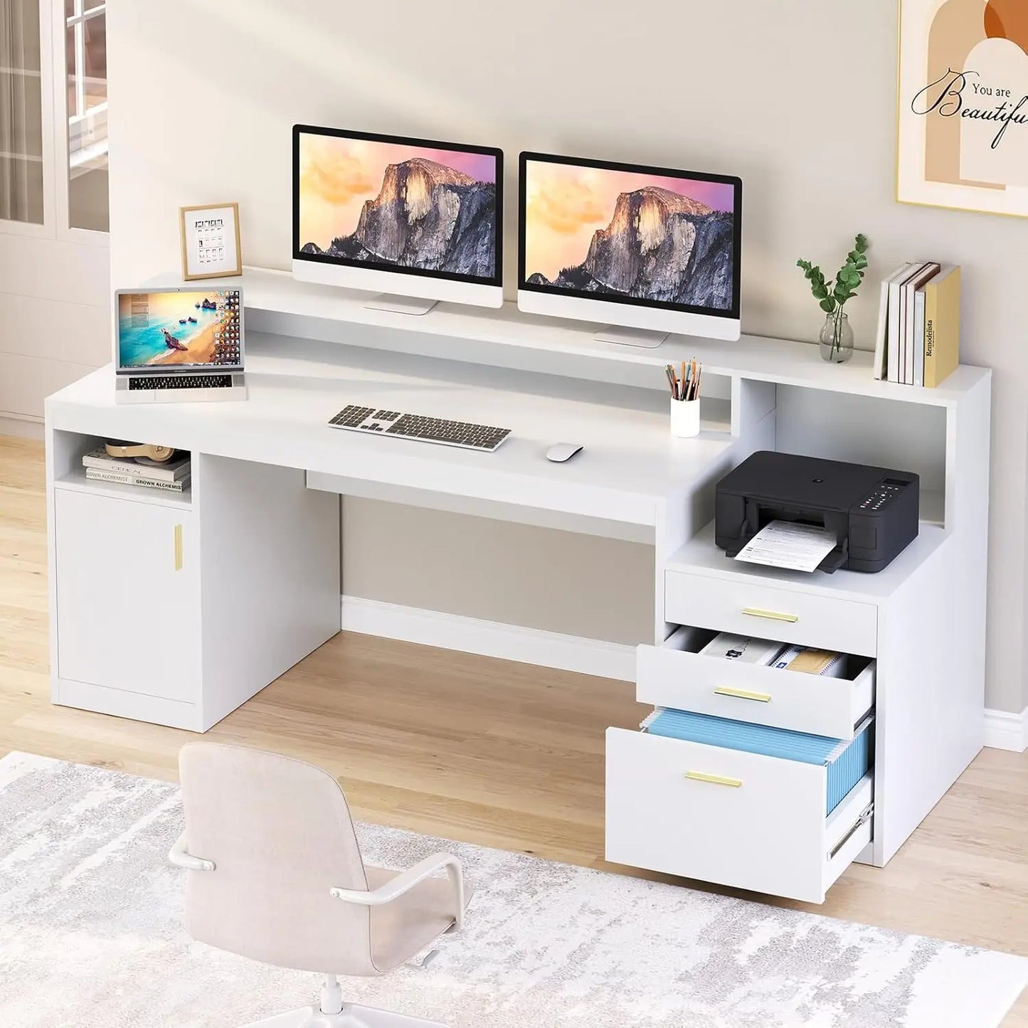 65 Inch Computer Desk with 3 Drawers & Storage Shelves, Executive Desk with File Drawer & Cabinet, Home Office Desk, Customized