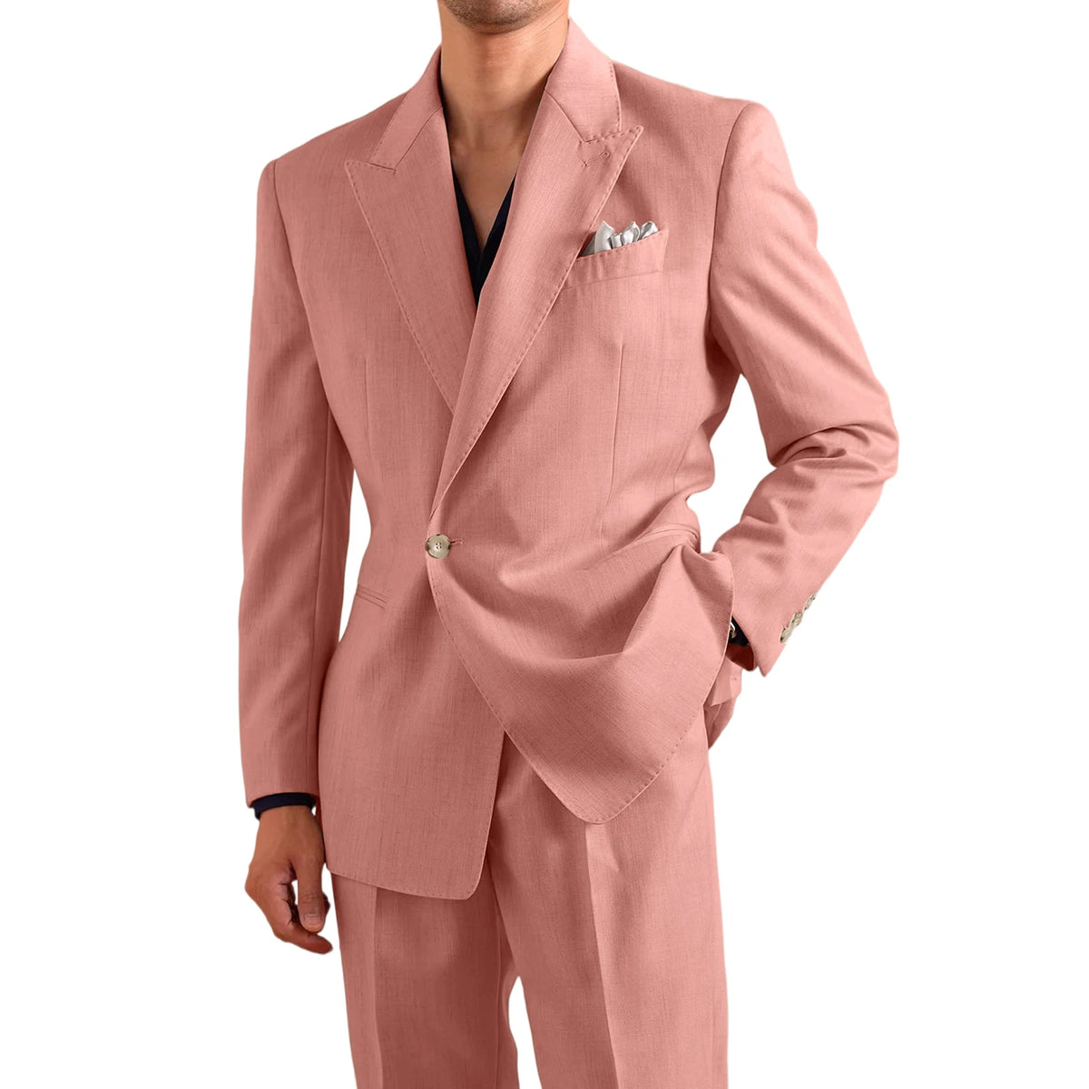 Men's Lightweight Linen 2-Piece Suit Set Peak Lapel Single Button Blazer Trousers Slim Fit Formal Summer Wedding Business Casual