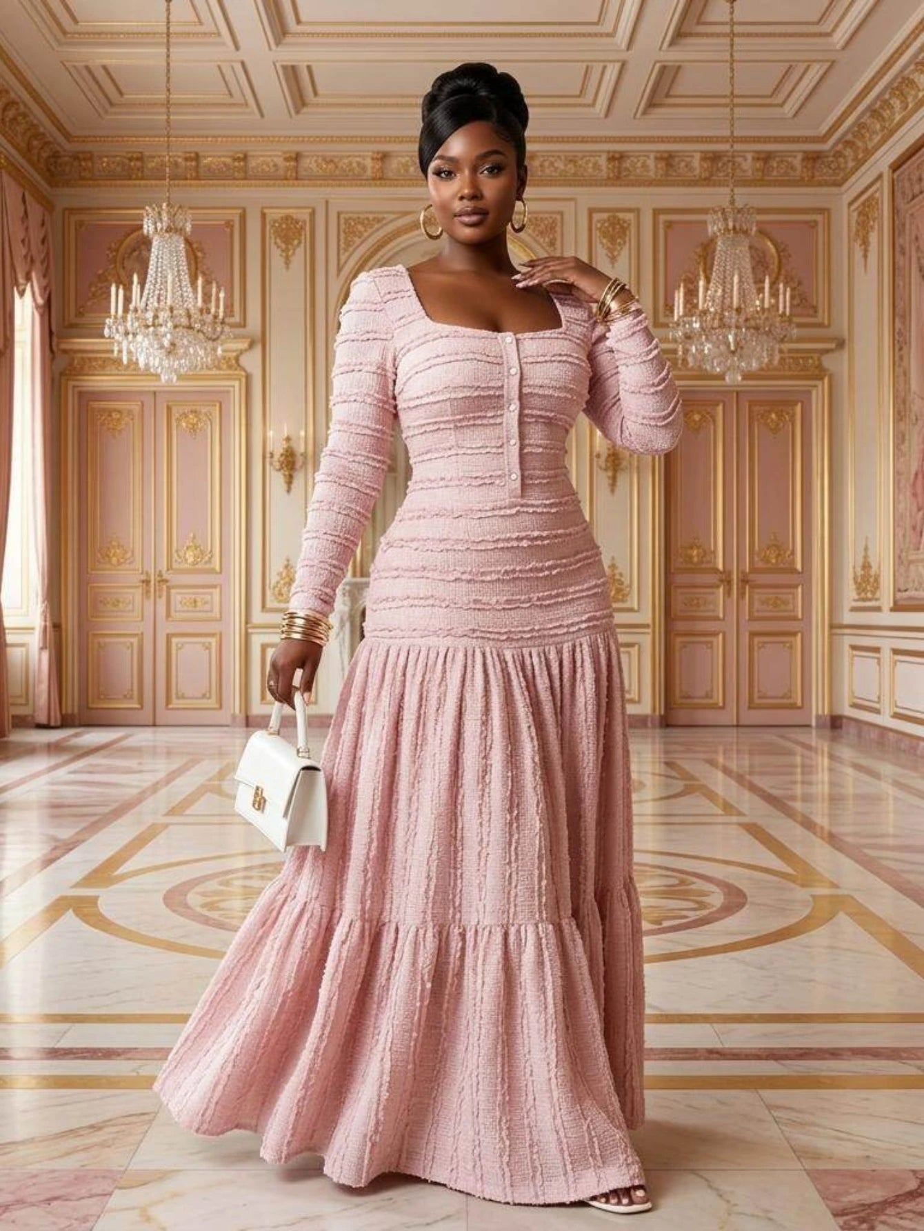 Women's Square Neck Button Front Long Sleeve Tiered Maxi Dress For Wedding Guest Dinner Evening Formal Fashion Occasions