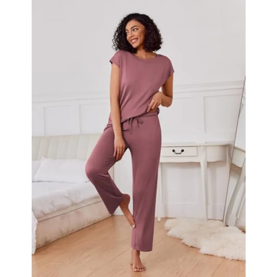 Ekouaer 2 Packs Pajamas for Women Set Cap Sleeve Top and Pants Soft Sleepwear Comfy Pjs Set with Pockets Loungewear