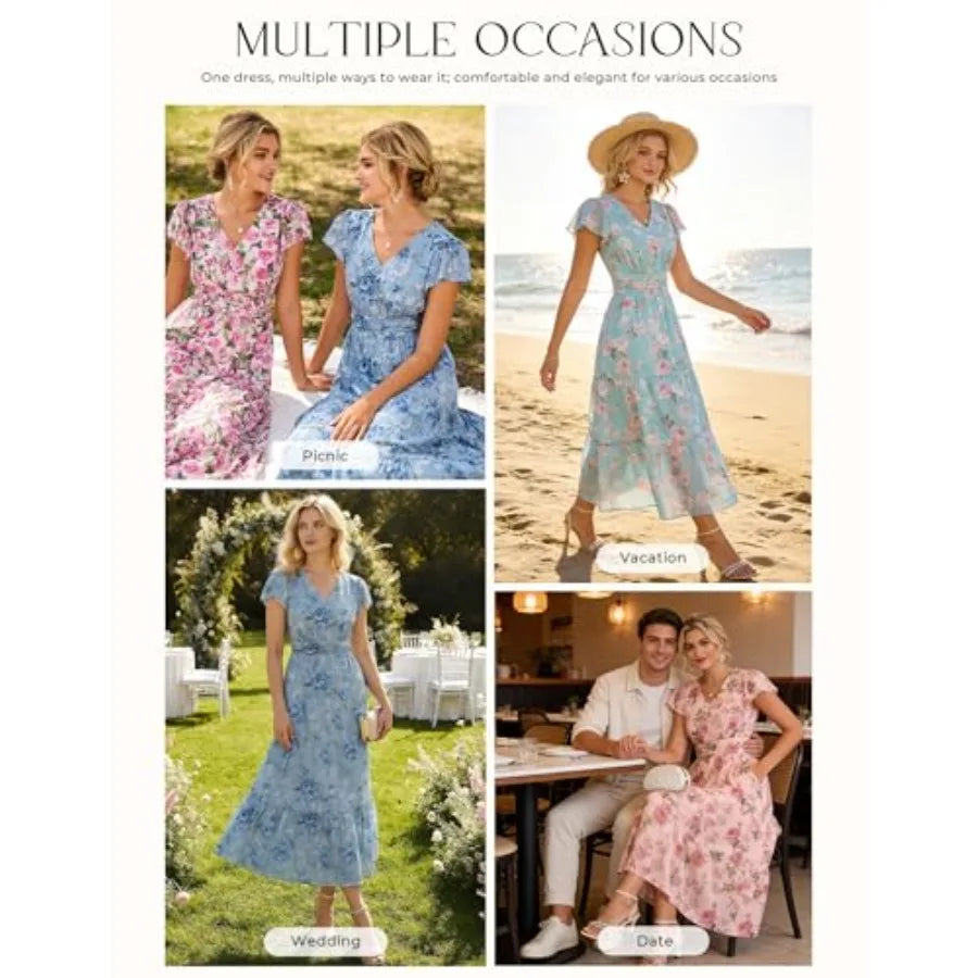 GRACE KARIN 2026 Women Summer Dress, Maxi Short Sleeve Floral Dresses, Semi Formal Flowy Wedding Guest Dress with Pocket