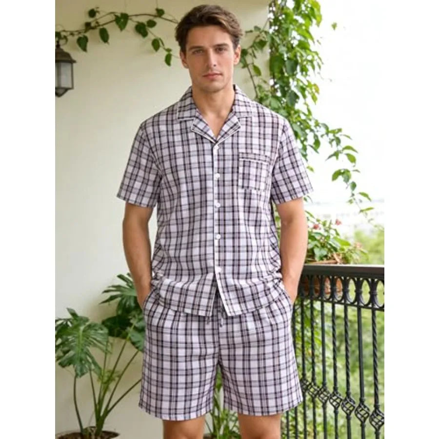 SWOMOG Mens 100% Cotton Pajama Set 2Pcs Button Down Pjs Set Short Sleeve Sleepwear with Pocket Soft Summer Stripe Nightwear