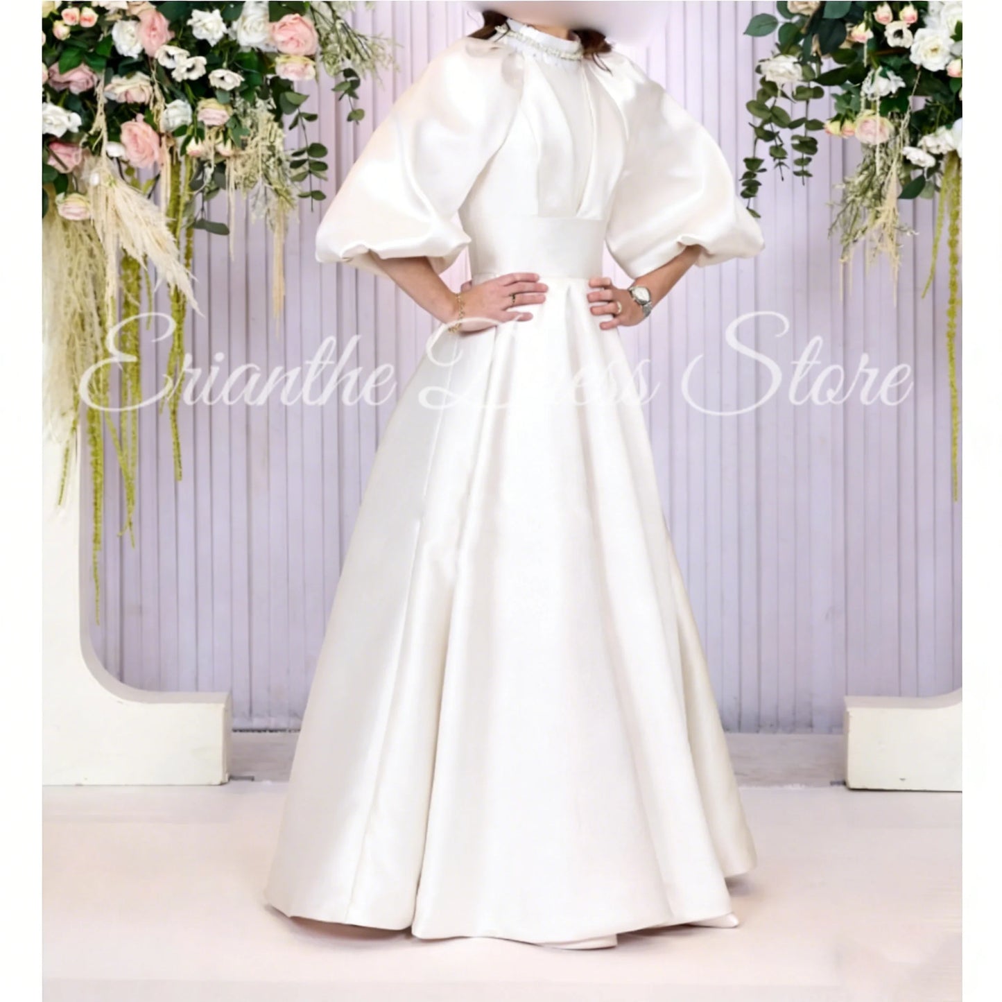 Pink Satin Bridesmaid DressSleeve Satin For Women Balloon Sleeve A-line Round Neck Birthday Party Evening Ball Gown Customized